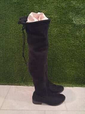 Women's Black Faux Suede Over The Knee Boots Size 7.5 Tie Back Low Block Heel...